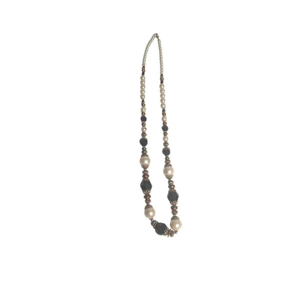 Vintage Style Black and‎ Cream Faux Pearl Beaded Necklace Gold Tone Accents